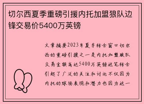 切尔西夏季重磅引援内托加盟狼队边锋交易价5400万英镑 切尔西夏季重磅引援内托加盟狼队边锋交易价5400万英镑