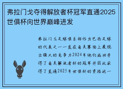 弗拉门戈夺得解放者杯冠军直通2025世俱杯向世界巅峰进发 弗拉门戈夺得解放者杯冠军直通2025世俱杯向世界巅峰进发