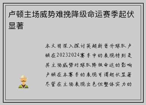 卢顿主场威势难挽降级命运赛季起伏显著 卢顿主场威势难挽降级命运赛季起伏显著